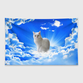 Флаг-баннер с принтом Кот в облаках в Санкт-Петербурге, 100% полиэстер | размер 67 х 109 см, плотность ткани — 95 г/м2; по краям флага есть четыре люверса для крепления | animals | cat | kitty | ангел | белый кот | блики | взгляд кота | глаза кота | животные | киска | кот | котейка | котенок | котик | кошак | кошка | лучи | мордочка | небесный | небо | облака | пейзаж | питомец