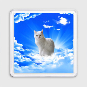 Магнит 55*55 с принтом Кот в облаках в Санкт-Петербурге, Пластик | Размер: 65*65 мм; Размер печати: 55*55 мм | Тематика изображения на принте: animals | cat | kitty | ангел | белый кот | блики | взгляд кота | глаза кота | животные | киска | кот | котейка | котенок | котик | кошак | кошка | лучи | мордочка | небесный | небо | облака | пейзаж | питомец