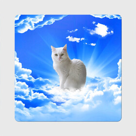 Магнит виниловый Квадрат с принтом Кот в облаках в Санкт-Петербурге, полимерный материал с магнитным слоем | размер 9*9 см, закругленные углы | Тематика изображения на принте: animals | cat | kitty | ангел | белый кот | блики | взгляд кота | глаза кота | животные | киска | кот | котейка | котенок | котик | кошак | кошка | лучи | мордочка | небесный | небо | облака | пейзаж | питомец