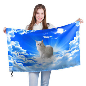 Флаг 3D с принтом Кот в облаках в Санкт-Петербурге, 100% полиэстер | плотность ткани — 95 г/м2, размер — 67 х 109 см. Принт наносится с одной стороны | animals | cat | kitty | ангел | белый кот | блики | взгляд кота | глаза кота | животные | киска | кот | котейка | котенок | котик | кошак | кошка | лучи | мордочка | небесный | небо | облака | пейзаж | питомец
