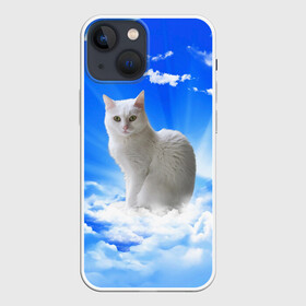 Чехол для iPhone 13 mini с принтом Кот в облаках в Санкт-Петербурге,  |  | animals | cat | kitty | ангел | белый кот | блики | взгляд кота | глаза кота | животные | киска | кот | котейка | котенок | котик | кошак | кошка | лучи | мордочка | небесный | небо | облака | пейзаж | питомец