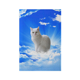 Обложка для паспорта матовая кожа с принтом Кот в облаках в Санкт-Петербурге, натуральная матовая кожа | размер 19,3 х 13,7 см; прозрачные пластиковые крепления | animals | cat | kitty | ангел | белый кот | блики | взгляд кота | глаза кота | животные | киска | кот | котейка | котенок | котик | кошак | кошка | лучи | мордочка | небесный | небо | облака | пейзаж | питомец