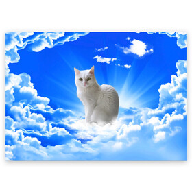 Поздравительная открытка с принтом Кот в облаках в Санкт-Петербурге, 100% бумага | плотность бумаги 280 г/м2, матовая, на обратной стороне линовка и место для марки
 | animals | cat | kitty | ангел | белый кот | блики | взгляд кота | глаза кота | животные | киска | кот | котейка | котенок | котик | кошак | кошка | лучи | мордочка | небесный | небо | облака | пейзаж | питомец