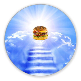 Коврик для мышки круглый с принтом Райский бургер в Санкт-Петербурге, резина и полиэстер | круглая форма, изображение наносится на всю лицевую часть | Тематика изображения на принте: food | hamburger | hot dog | ангел | блики | булка | булочка | бургер | бутерброд | вкусняшки | гамбургер | еда | котлета | лестница | лучи | небесный | небо | обжора | облака | пейзаж | природа | рай | сендвич