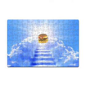 Головоломка Пазл магнитный 126 элементов с принтом Райский бургер в Санкт-Петербурге, полимерный материал с магнитным слоем | 126 деталей, размер изделия —  180*270 мм | food | hamburger | hot dog | ангел | блики | булка | булочка | бургер | бутерброд | вкусняшки | гамбургер | еда | котлета | лестница | лучи | небесный | небо | обжора | облака | пейзаж | природа | рай | сендвич
