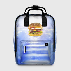 Женский рюкзак 3D с принтом Райский бургер в Санкт-Петербурге, 100% полиэстер | лямки с регулируемой длиной, сверху ручки, чтобы рюкзак нести как сумку. Основное отделение закрывается на молнию, как и внешний карман. Внутри два дополнительных кармана, один из которых закрывается на молнию. По бокам два дополнительных кармашка, куда поместится маленькая бутылочка
 | food | hamburger | hot dog | ангел | блики | булка | булочка | бургер | бутерброд | вкусняшки | гамбургер | еда | котлета | лестница | лучи | небесный | небо | обжора | облака | пейзаж | природа | рай | сендвич