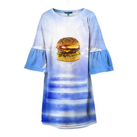 Детское платье 3D с принтом Райский бургер в Санкт-Петербурге, 100% полиэстер | прямой силуэт, чуть расширенный к низу. Круглая горловина, на рукавах — воланы | Тематика изображения на принте: food | hamburger | hot dog | ангел | блики | булка | булочка | бургер | бутерброд | вкусняшки | гамбургер | еда | котлета | лестница | лучи | небесный | небо | обжора | облака | пейзаж | природа | рай | сендвич