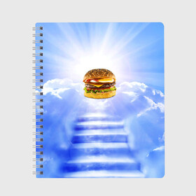 Тетрадь с принтом Райский бургер в Санкт-Петербурге, 100% бумага | 48 листов, плотность листов — 60 г/м2, плотность картонной обложки — 250 г/м2. Листы скреплены сбоку удобной пружинной спиралью. Уголки страниц и обложки скругленные. Цвет линий — светло-серый
 | Тематика изображения на принте: food | hamburger | hot dog | ангел | блики | булка | булочка | бургер | бутерброд | вкусняшки | гамбургер | еда | котлета | лестница | лучи | небесный | небо | обжора | облака | пейзаж | природа | рай | сендвич
