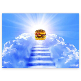 Поздравительная открытка с принтом Райский бургер в Санкт-Петербурге, 100% бумага | плотность бумаги 280 г/м2, матовая, на обратной стороне линовка и место для марки
 | Тематика изображения на принте: food | hamburger | hot dog | ангел | блики | булка | булочка | бургер | бутерброд | вкусняшки | гамбургер | еда | котлета | лестница | лучи | небесный | небо | обжора | облака | пейзаж | природа | рай | сендвич