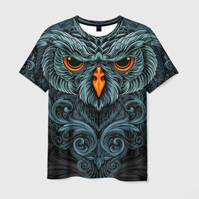 Мужская футболка 3D с принтом Ornament Owl в Санкт-Петербурге, 100% полиэфир | прямой крой, круглый вырез горловины, длина до линии бедер | арт | глаза | животные | обложка | орнамент | перья | птица | рисунок | рок | сова | татуировки