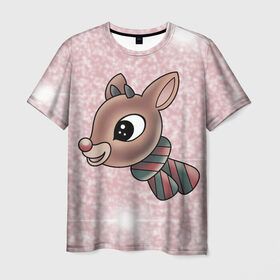 Мужская футболка 3D с принтом Рождественский олень в Санкт-Петербурге, 100% полиэфир | прямой крой, круглый вырез горловины, длина до линии бедер | 2021 | животное | звезды | мило | новый год | олень | рождество | рожки | розовый фон | шарф