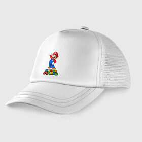 Детская кепка тракер с принтом Super Mario в Санкт-Петербурге, Козырек - 100% хлопок. Кепка - 100% полиэстер, Задняя часть - сетка | универсальный размер, пластиковая застёжка | видеоигра | игра | марио | персонаж
