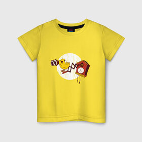 Детская футболка хлопок с принтом Кукушка с биноклем в Санкт-Петербурге, 100% хлопок | круглый вырез горловины, полуприлегающий силуэт, длина до линии бедер | beholder | binoculars | bird | birdy | canary | caretaker | cuckoo | funny | humor | time | warden | yellow | бинокль | время | желтая | канарейка | наблюдатель | охрана | попугай | прикол | птичка | сuckoo clock | часики | часы | часы с куку