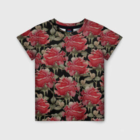 Детская футболка 3D с принтом Красные розы на черном фоне в Санкт-Петербурге, 100% гипоаллергенный полиэфир | прямой крой, круглый вырез горловины, длина до линии бедер, чуть спущенное плечо, ткань немного тянется | Тематика изображения на принте: 8 марта | flowers | summer | ботаническая иллюстрация | весна | зеленый | красный | лето | любовь | праздник | принт | природа | растения | розы | цветы | черный
