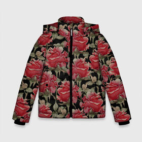 Зимняя куртка для мальчиков 3D с принтом Красные розы на черном фоне в Санкт-Петербурге, ткань верха — 100% полиэстер; подклад — 100% полиэстер, утеплитель — 100% полиэстер | длина ниже бедра, удлиненная спинка, воротник стойка и отстегивающийся капюшон. Есть боковые карманы с листочкой на кнопках, утяжки по низу изделия и внутренний карман на молнии. 

Предусмотрены светоотражающий принт на спинке, радужный светоотражающий элемент на пуллере молнии и на резинке для утяжки | Тематика изображения на принте: 8 марта | flowers | summer | ботаническая иллюстрация | весна | зеленый | красный | лето | любовь | праздник | принт | природа | растения | розы | цветы | черный