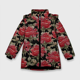 Зимняя куртка для девочек 3D с принтом Красные розы на черном фоне в Санкт-Петербурге, ткань верха — 100% полиэстер; подклад — 100% полиэстер, утеплитель — 100% полиэстер. | длина ниже бедра, удлиненная спинка, воротник стойка и отстегивающийся капюшон. Есть боковые карманы с листочкой на кнопках, утяжки по низу изделия и внутренний карман на молнии. 

Предусмотрены светоотражающий принт на спинке, радужный светоотражающий элемент на пуллере молнии и на резинке для утяжки. | Тематика изображения на принте: 8 марта | flowers | summer | ботаническая иллюстрация | весна | зеленый | красный | лето | любовь | праздник | принт | природа | растения | розы | цветы | черный