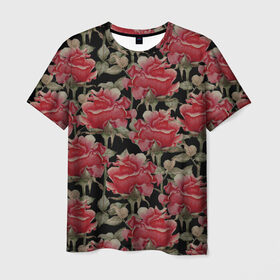 Мужская футболка 3D с принтом Красные розы на черном фоне в Санкт-Петербурге, 100% полиэфир | прямой крой, круглый вырез горловины, длина до линии бедер | 8 марта | flowers | summer | ботаническая иллюстрация | весна | зеленый | красный | лето | любовь | праздник | принт | природа | растения | розы | цветы | черный