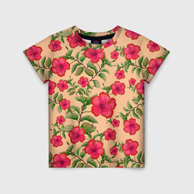 Детская футболка 3D с принтом Гибискусы на бежевом фоне в Санкт-Петербурге, 100% гипоаллергенный полиэфир | прямой крой, круглый вырез горловины, длина до линии бедер, чуть спущенное плечо, ткань немного тянется | 8 марта | flowers | summer | бежевый | ботаническая иллюстрация | весна | гибискус | зеленый | красный | лето | любовь | праздник | принт | природа | растения | цветы