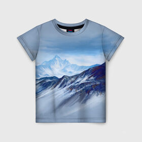 Детская футболка 3D с принтом Серо-голубые горы в Санкт-Петербурге, 100% гипоаллергенный полиэфир | прямой крой, круглый вырез горловины, длина до линии бедер, чуть спущенное плечо, ткань немного тянется | арт | горы | живопись | кистью | краски | пейзаж | рисунок | серый
