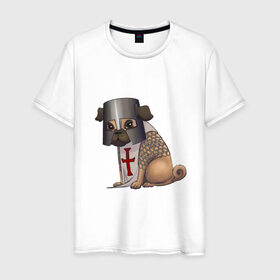 Мужская футболка хлопок с принтом Сэр мопс в Санкт-Петербурге, 100% хлопок | прямой крой, круглый вырез горловины, длина до линии бедер, слегка спущенное плечо. | Тематика изображения на принте: крестоносец | мопс | пёс | собака | тамплиер