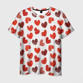 Мужская футболка 3D с принтом Сердца в Санкт-Петербурге, 100% полиэфир | прямой крой, круглый вырез горловины, длина до линии бедер | день влюбленных | любовь | сердца | сердца в тетради | текстура | тетрадная клетка