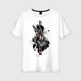Женская футболка хлопок Oversize с принтом Assassins Creed Valhalla Тату в Санкт-Петербурге, 100% хлопок | свободный крой, круглый ворот, спущенный рукав, длина до линии бедер
 | викинги | графика | драккар | корабль | орел | руны | тату | черный