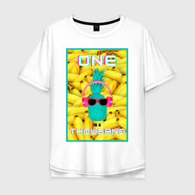 Мужская футболка хлопок Oversize с принтом Крутой ананас в Санкт-Петербурге, 100% хлопок | свободный крой, круглый ворот, “спинка” длиннее передней части | ананас | бананы | бирюзовый | единственный | желтый | надпись | наушники | один | один на тысячу | одна на тысячу | очки | розовый | самовыражение | хлопок