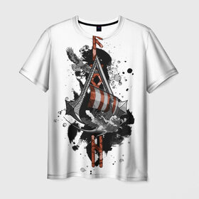 Мужская футболка 3D с принтом Assassins Creed Valhalla Тату в Санкт-Петербурге, 100% полиэфир | прямой крой, круглый вырез горловины, длина до линии бедер | ассасинс крид | викинги | графика | драккар | корабль | орел | руны | тату