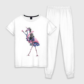 Женская пижама хлопок с принтом Рыцарь на фламинго в Санкт-Петербурге, 100% хлопок | брюки и футболка прямого кроя, без карманов, на брюках мягкая резинка на поясе и по низу штанин | всадник | еж | рыцарь | фламинго