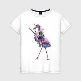 Женская футболка хлопок с принтом Рыцарь на фламинго в Санкт-Петербурге, 100% хлопок | прямой крой, круглый вырез горловины, длина до линии бедер, слегка спущенное плечо | всадник | еж | рыцарь | фламинго