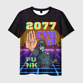 Мужская футболка 3D с принтом Retro Cyberpunk в Санкт-Петербурге, 100% полиэфир | прямой крой, круглый вырез горловины, длина до линии бедер | 2077 | 3d | cyber punk | cyberpunk | retro | кибер панк | киберпанк | полная запечатка | ретро | робот