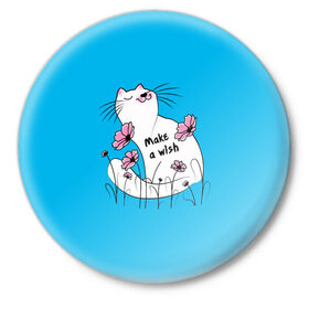 Значок с принтом Загадай желание - Кот в Санкт-Петербурге,  металл | круглая форма, металлическая застежка в виде булавки | art | cat | картинка | кот | котик | коты | кошка | цветы