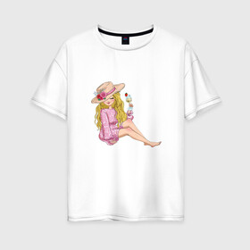 Женская футболка хлопок Oversize с принтом Варвара в Санкт-Петербурге, 100% хлопок | свободный крой, круглый ворот, спущенный рукав, длина до линии бедер
 | в шляпке | девушка | еда | кокетка | коктейль