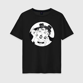 Женская футболка хлопок Oversize с принтом Dark moon в Санкт-Петербурге, 100% хлопок | свободный крой, круглый ворот, спущенный рукав, длина до линии бедер
 | sailor moon | аниме | девушка | демон | клыки | луна | сейлор мун | суккуб | черно белый