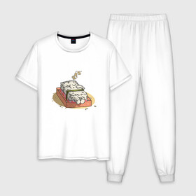 Мужская пижама хлопок с принтом Kawaii Sleeping Sushi в Санкт-Петербурге, 100% хлопок | брюки и футболка прямого кроя, без карманов, на брюках мягкая резинка на поясе и по низу штанин
 | Тематика изображения на принте: anime | asia | asian | cute | japan | japanese | lazy | manga | rice | азия | аниме | восток | кавайи | кроватка | кровать | лень | лосось | манга | милота | нигири | нори | рис | роллы | рыба | снится сон | сон | спят | спящие | суси