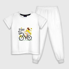 Детская пижама хлопок с принтом Велосипедистка в Санкт-Петербурге, 100% хлопок |  брюки и футболка прямого кроя, без карманов, на брюках мягкая резинка на поясе и по низу штанин
 | велосипед | девушка | желтый | лето | подсолнухи | спорт