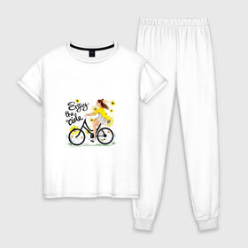 Женская пижама хлопок с принтом Велосипедистка в Санкт-Петербурге, 100% хлопок | брюки и футболка прямого кроя, без карманов, на брюках мягкая резинка на поясе и по низу штанин | велосипед | девушка | желтый | лето | подсолнухи | спорт