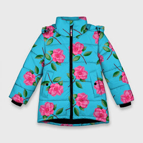 Зимняя куртка для девочек 3D с принтом Камелии на голубом фоне в Санкт-Петербурге, ткань верха — 100% полиэстер; подклад — 100% полиэстер, утеплитель — 100% полиэстер. | длина ниже бедра, удлиненная спинка, воротник стойка и отстегивающийся капюшон. Есть боковые карманы с листочкой на кнопках, утяжки по низу изделия и внутренний карман на молнии. 

Предусмотрены светоотражающий принт на спинке, радужный светоотражающий элемент на пуллере молнии и на резинке для утяжки. | 8 марта | flowers | summer | ботаническая иллюстрация | весна | зеленый | камелии | лето | любовь | праздник | принт | природа | растения | розовый | цветы