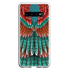 Чехол для Samsung Galaxy S10 с принтом Оперение зимородка в Санкт-Петербурге, Силикон | Область печати: задняя сторона чехла, без боковых панелей | бирюзовый | друид | зелёный | зимородок | индеец | оперение | оранжевый | пернатый | перо | перья | природа | птица | рыжий | сон