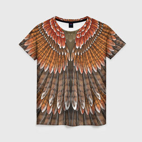 Женская футболка 3D с принтом оперение орел в Санкт-Петербурге, 100% полиэфир ( синтетическое хлопкоподобное полотно) | прямой крой, круглый вырез горловины, длина до линии бедер | друид | индеец | коричневый | красный | оперение | оранжевый | орёл | пернатый | перо | перья | природа | птица | сова | сон