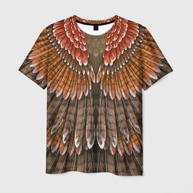 Мужская футболка 3D с принтом оперение орел в Санкт-Петербурге, 100% полиэфир | прямой крой, круглый вырез горловины, длина до линии бедер | Тематика изображения на принте: друид | индеец | коричневый | красный | оперение | оранжевый | орёл | пернатый | перо | перья | природа | птица | сова | сон