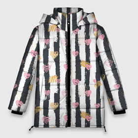 Женская зимняя куртка 3D с принтом Влюбленные сердца с полосками в Санкт-Петербурге, верх — 100% полиэстер; подкладка — 100% полиэстер; утеплитель — 100% полиэстер | длина ниже бедра, силуэт Оверсайз. Есть воротник-стойка, отстегивающийся капюшон и ветрозащитная планка. 

Боковые карманы с листочкой на кнопках и внутренний карман на молнии | 14 февраля | heart | hearts | love | pattern | pink | stripe | stripes | valentine | valentines | арт | валентинка | валентинов день | день влюбленных | лав | лав ю | любовь | паттерн | роба | розовое | святой валентин | сердечки | сердце 