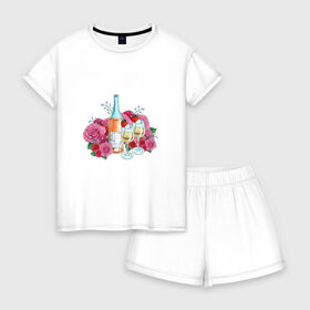 Женская пижама с шортиками хлопок с принтом Романтический пикник в Санкт-Петербурге, 100% хлопок | футболка прямого кроя, шорты свободные с широкой мягкой резинкой | винишко | еда | красный | розы | романтика | тюльпаны | цветы