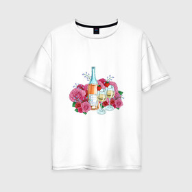 Женская футболка хлопок Oversize с принтом Романтический пикник в Санкт-Петербурге, 100% хлопок | свободный крой, круглый ворот, спущенный рукав, длина до линии бедер
 | винишко | еда | красный | розы | романтика | тюльпаны | цветы