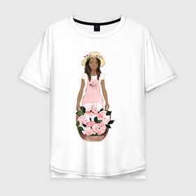 Мужская футболка хлопок Oversize с принтом Девушка с корзиной тюльпанов в Санкт-Петербурге, 100% хлопок | свободный крой, круглый ворот, “спинка” длиннее передней части | Тематика изображения на принте: 8 марта | dreams | всемирный женский день | цветы