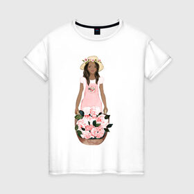Женская футболка хлопок с принтом Девушка с корзиной тюльпанов в Санкт-Петербурге, 100% хлопок | прямой крой, круглый вырез горловины, длина до линии бедер, слегка спущенное плечо | 8 марта | dreams | всемирный женский день | цветы