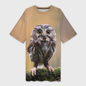 Платье-футболка 3D с принтом СОВЕНОК в Санкт-Петербурге,  |  | Тематика изображения на принте: animal | bird | животные | звери | лес | малыш | природа | птенец | птицы | сова | совенок