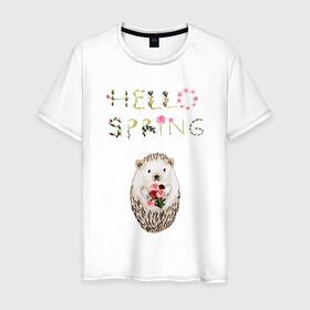 Мужская футболка хлопок с принтом Hello Spring! в Санкт-Петербурге, 100% хлопок | прямой крой, круглый вырез горловины, длина до линии бедер, слегка спущенное плечо. | 8 марта | dreams | всемирный женский день | ежик | иголки | цветы