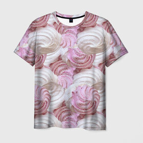 Мужская футболка 3D с принтом Зефир белый и розовый в Санкт-Петербурге, 100% полиэфир | прямой крой, круглый вырез горловины, длина до линии бедер | валентинов день | влюбленные | зефир | любовь | пирожное | романтика | сладости