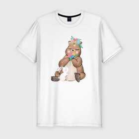 Мужская футболка хлопок Slim с принтом Медведица в Санкт-Петербурге, 92% хлопок, 8% лайкра | приталенный силуэт, круглый вырез ворота, длина до линии бедра, короткий рукав | мама | медвежонок | цветы
